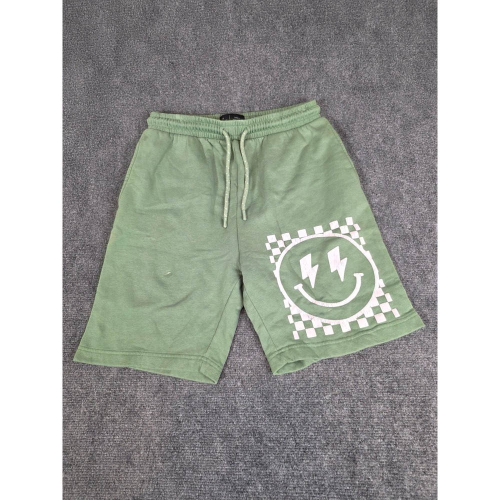 Public Record Mens Sage Green Smiley Face Graphic Fleece Shorts Small Streetwear